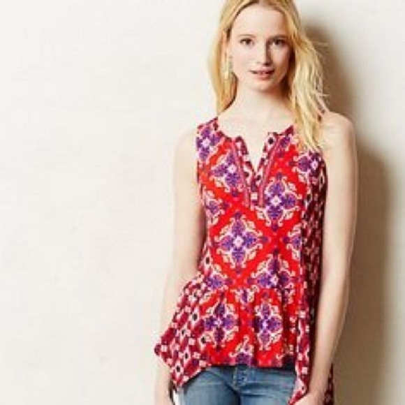 Akemi + Kin Anthropologie Red Geometric Boho Summer Cute Tank Top Size Medium - Picture 1 of 8
